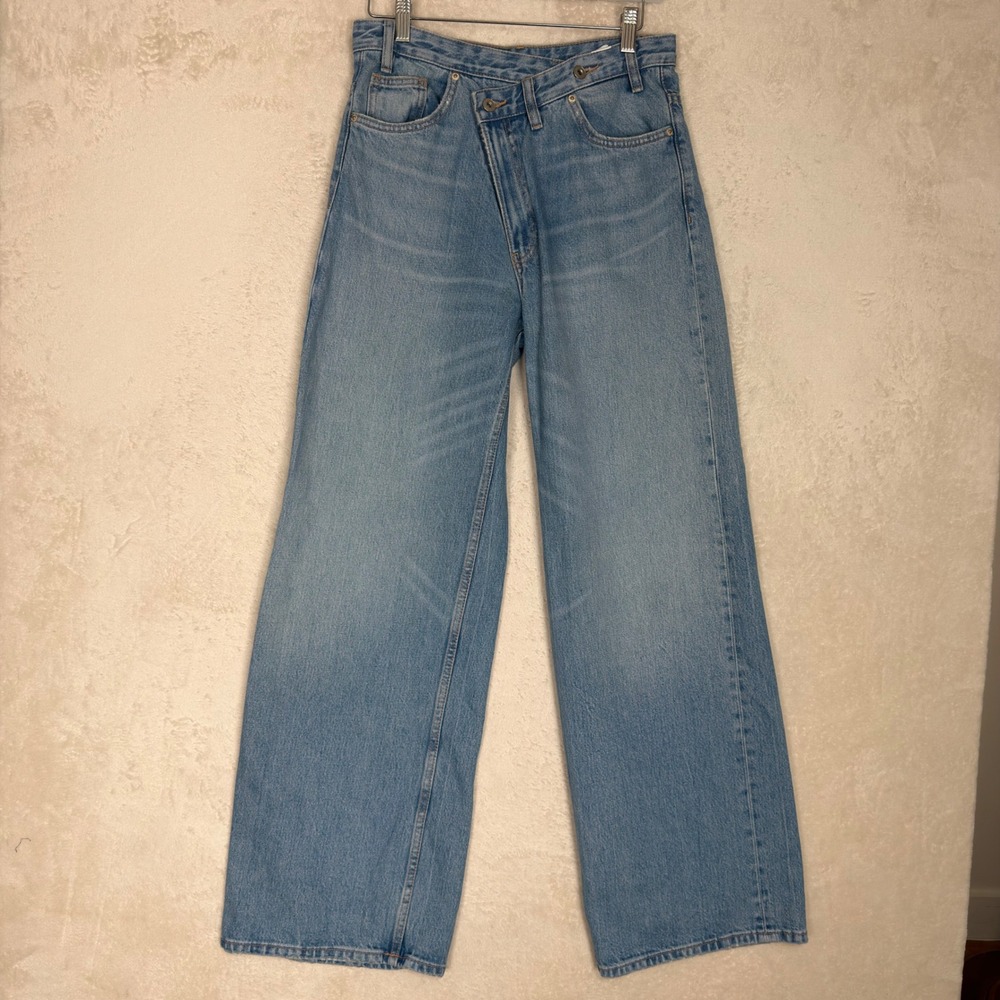 Zara Women Light Wash Crossover Waist Asymmetrical Wide Leg Jeans Size 4 26